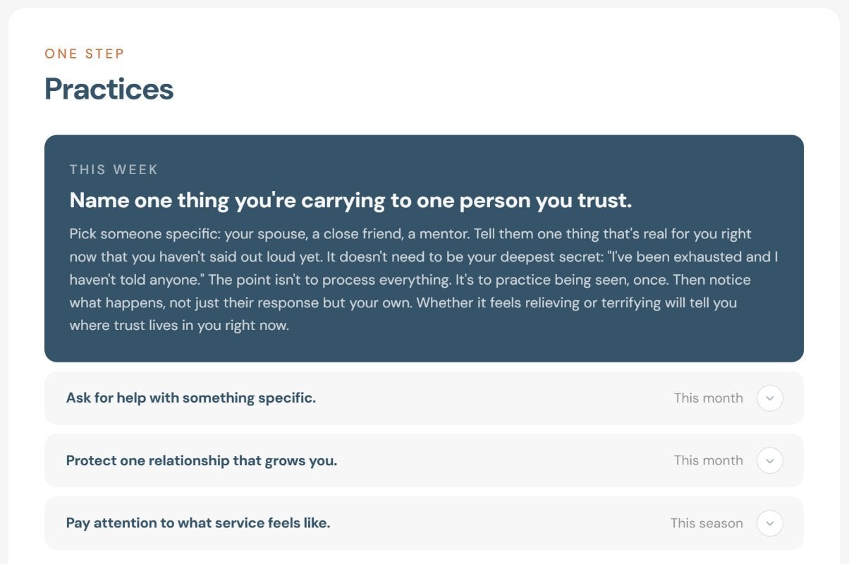 The Practices page of a sample GROW profile: one step for this week, and more for this month and this season
